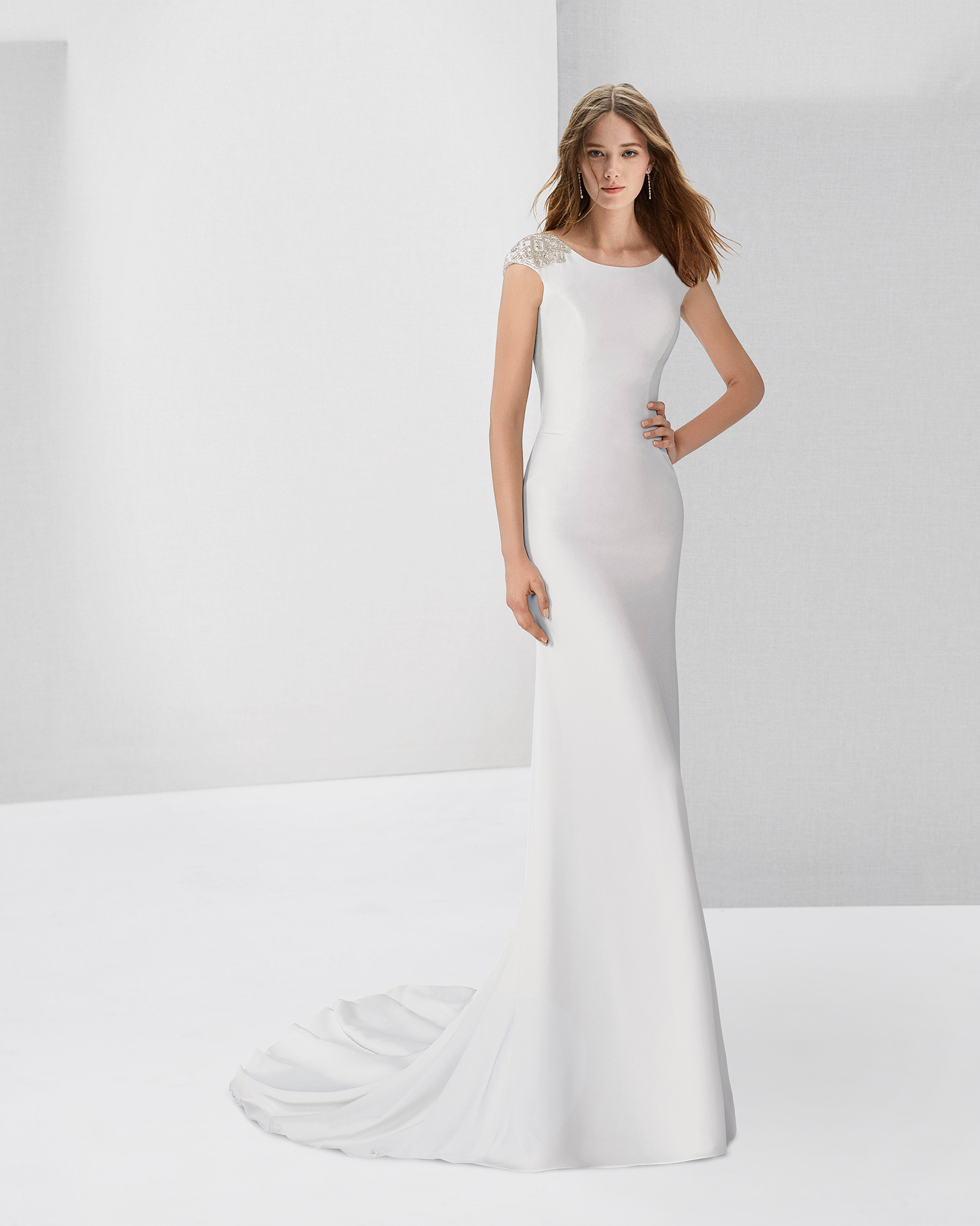 Beaded crepe wedding dress, in natural.