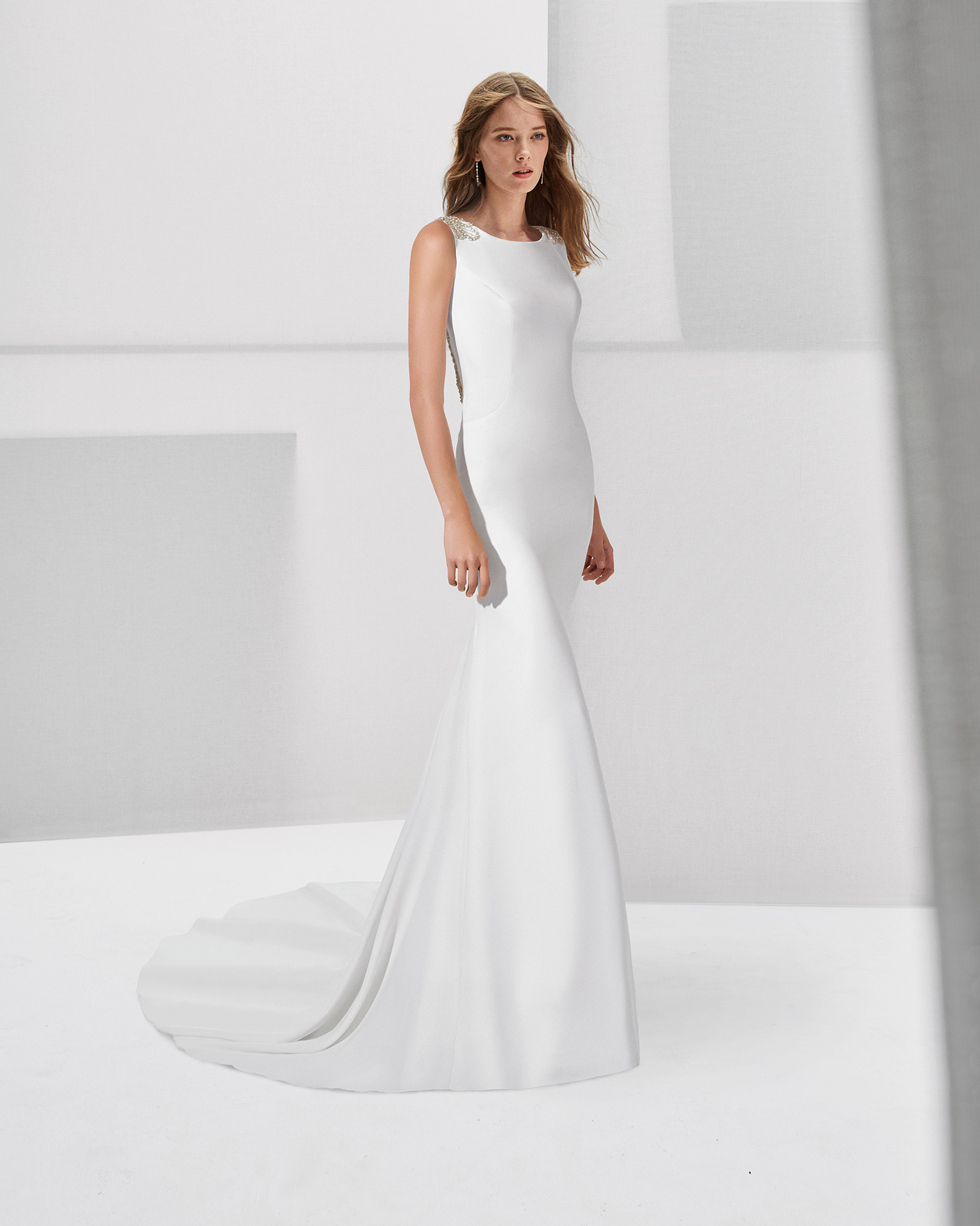 Beaded crepe wedding dress, in natural/nude.