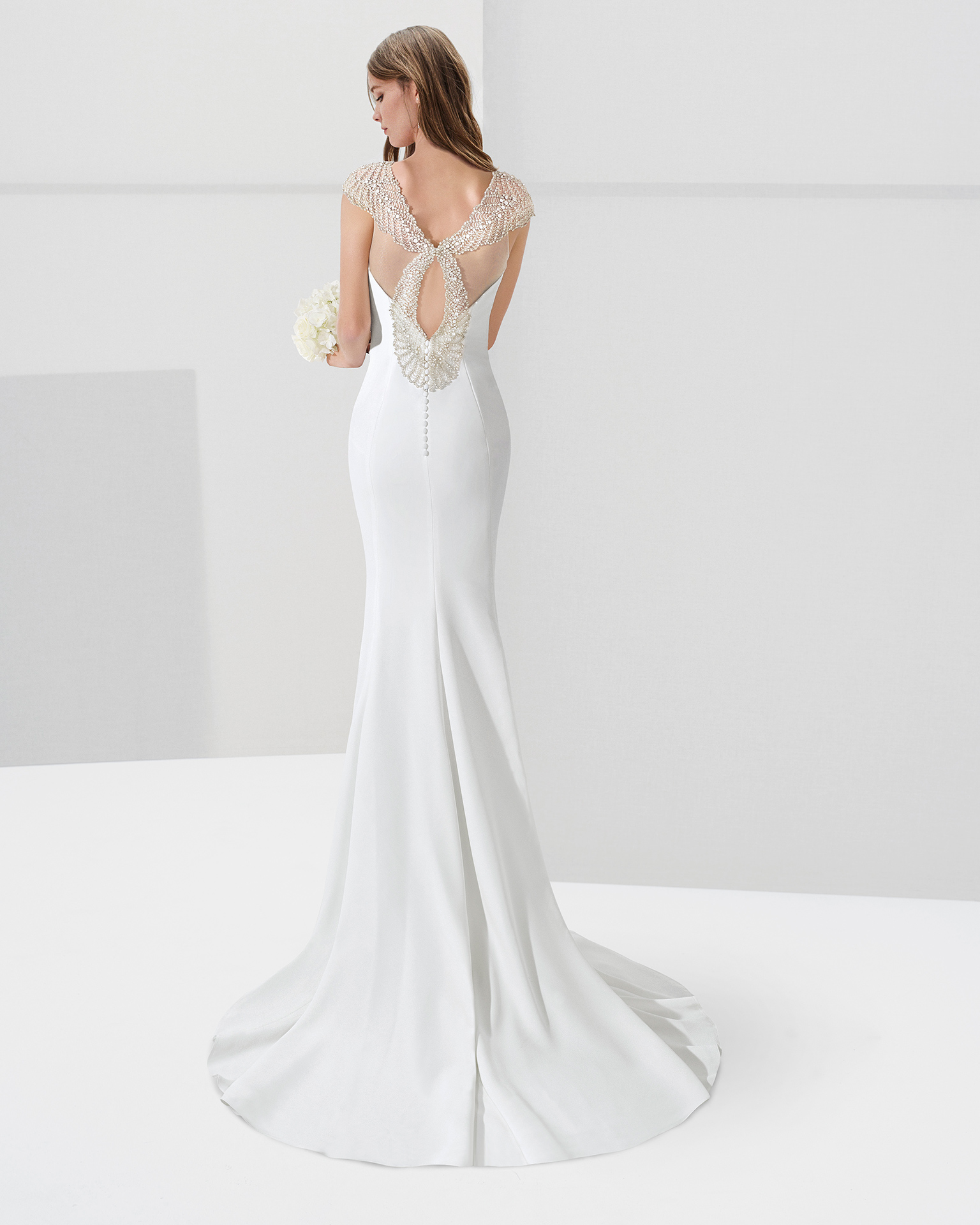 Beaded crepe wedding dress, in natural/nude.