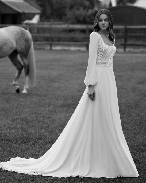 knee length dresses for ladies A Line Sweetheart Satin Pleated Long Sleeves Rustic Wedding Dress with Slit QW2178 US10 / White main image 0